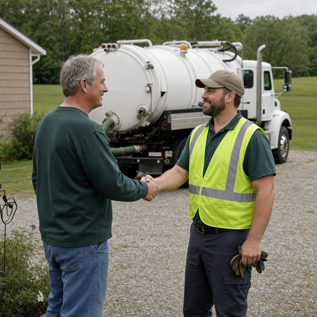 A septic technician shaking a Washington homeowner's hand beside the service truck after a completed pump-out
