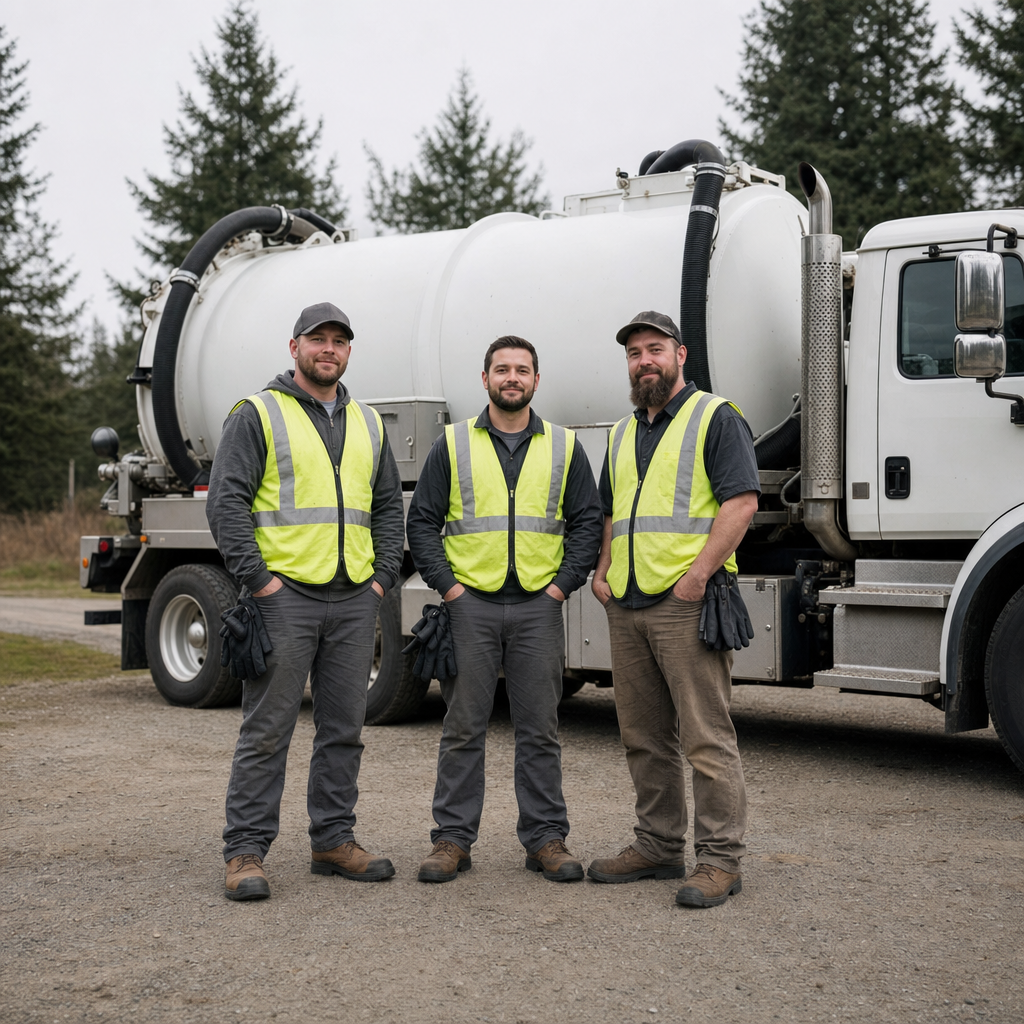 The Washington septic pumping crew standing together beside their clean white vacuum truck on a residential street