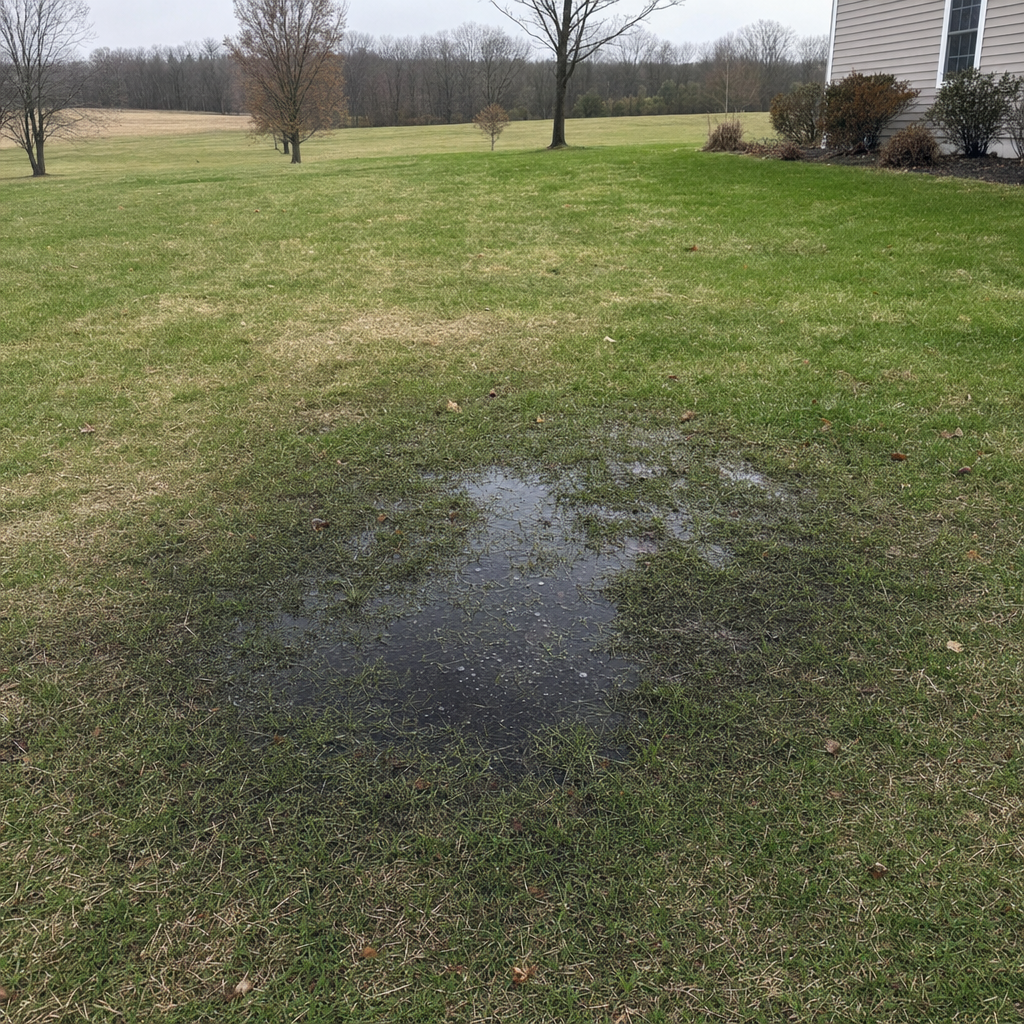 A dark, saturated wet spot in a Washington backyard lawn marking a failing cesspool at capacity