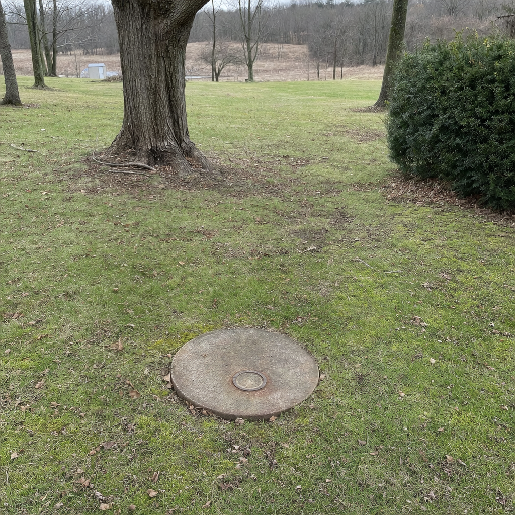 An older round cesspool access lid set flush in an established, mature Washington backyard lawn
