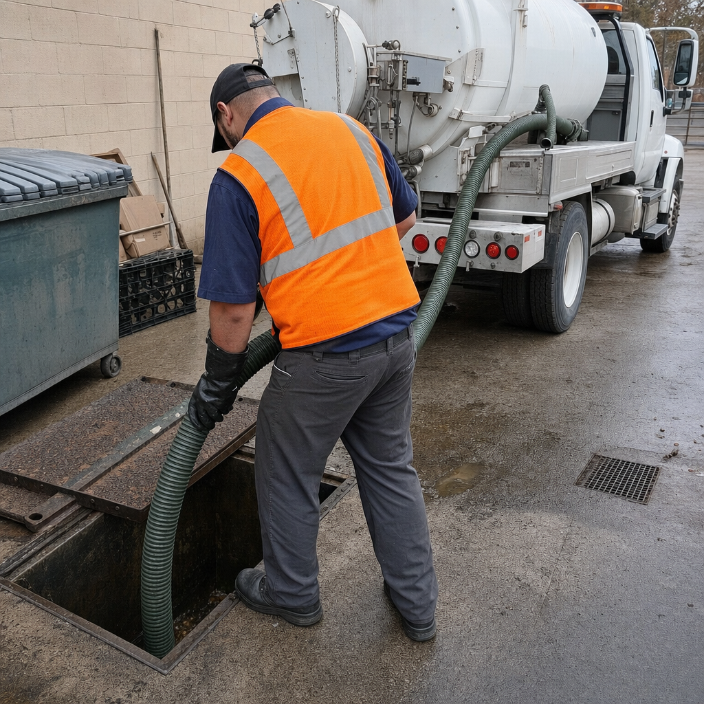 Technician pumping a grease trap behind a Washington restaurant