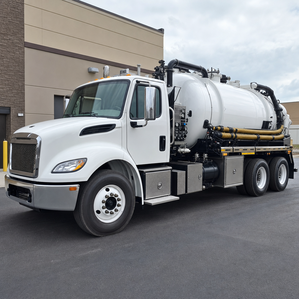 Commercial septic vacuum truck parked in a Washington business parking lot