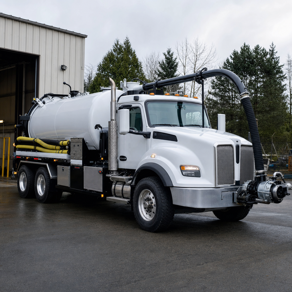 A clean white septic vacuum truck rolling out of a tidy Washington service depot at the start of the day