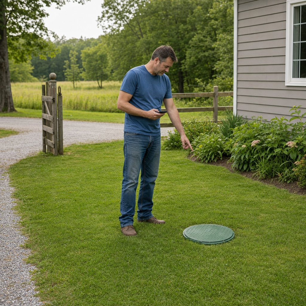 A Washington-area homeowner standing in the backyard noting where the septic tank lid and access route are located