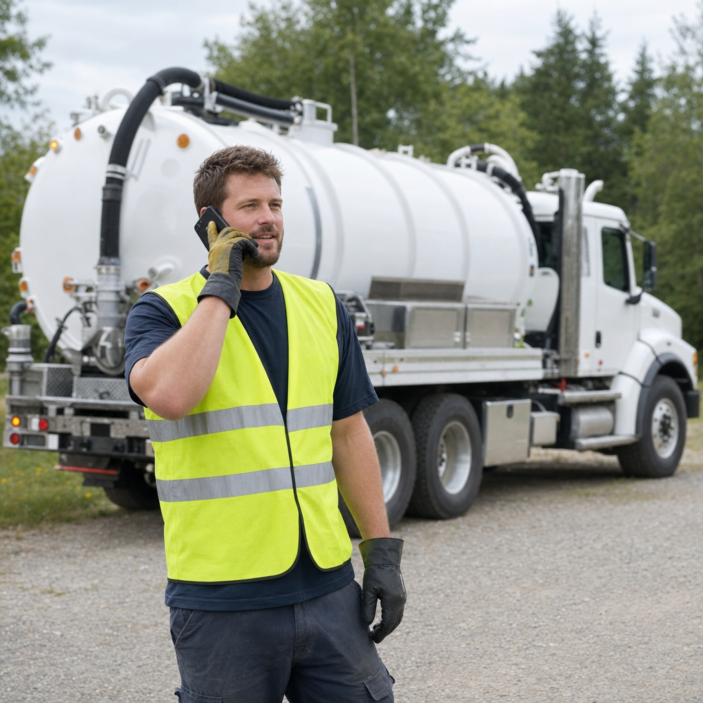 A friendly septic dispatcher holding a phone, ready to answer a Washington homeowner's call about a pump-out