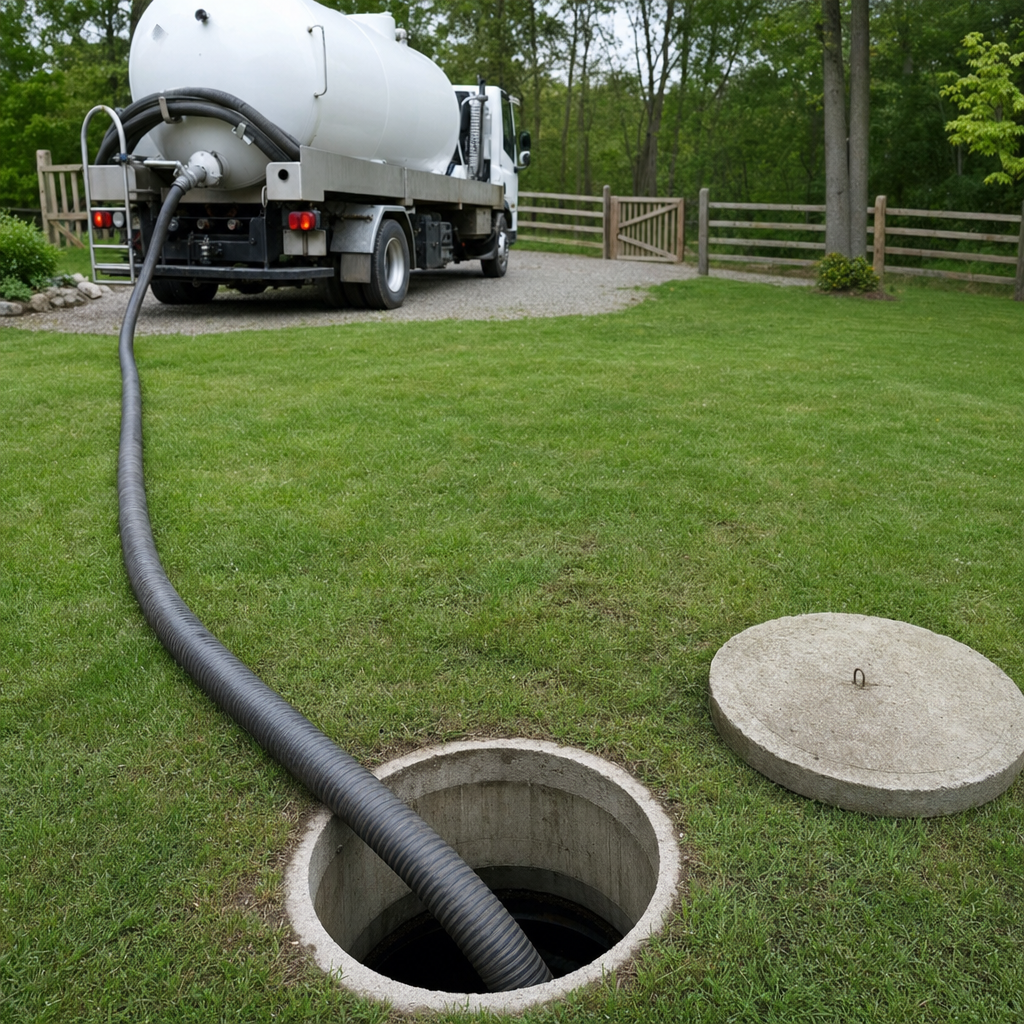 Suction hose connected to an open septic tank, drawing it down in a tidy Washington yard