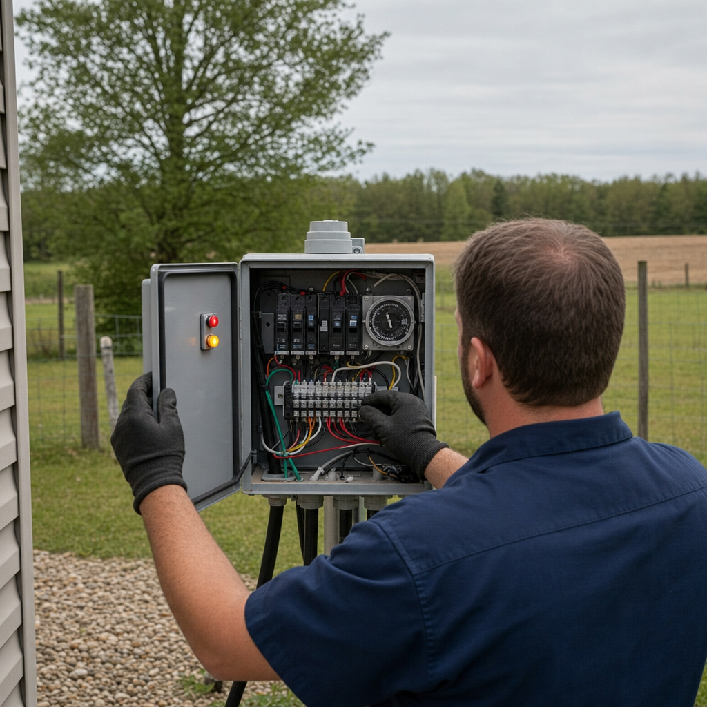 Technician checking an aerobic septic control box with a lit red high-water alarm during a same-day Washington visit