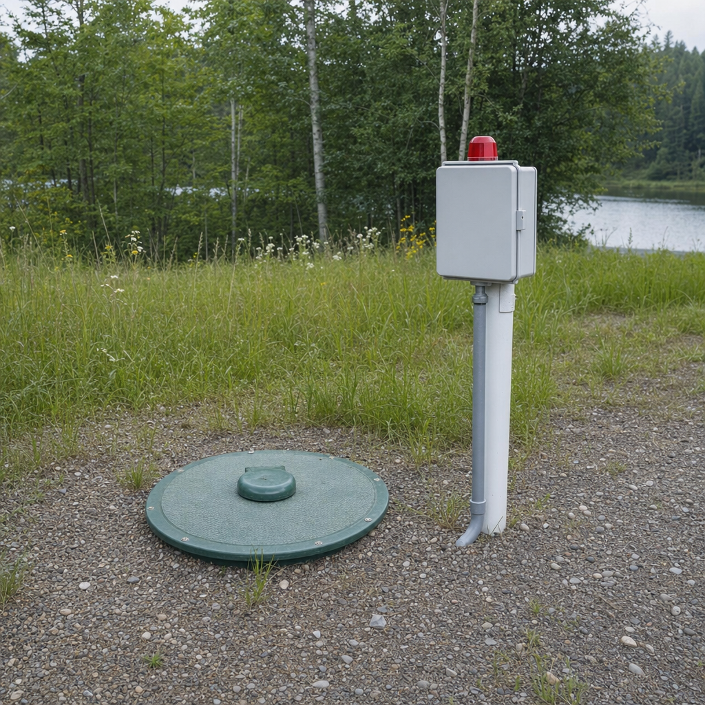 A wastewater holding tank access lid set in the ground at a rural Washington-area cabin, with a mounted high-level float alarm panel nearby