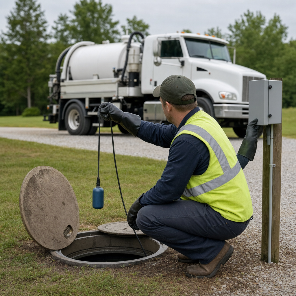 A septic technician in a high-visibility vest checking a high-level float switch and alarm panel on a holding tank at a rural Washington-area site