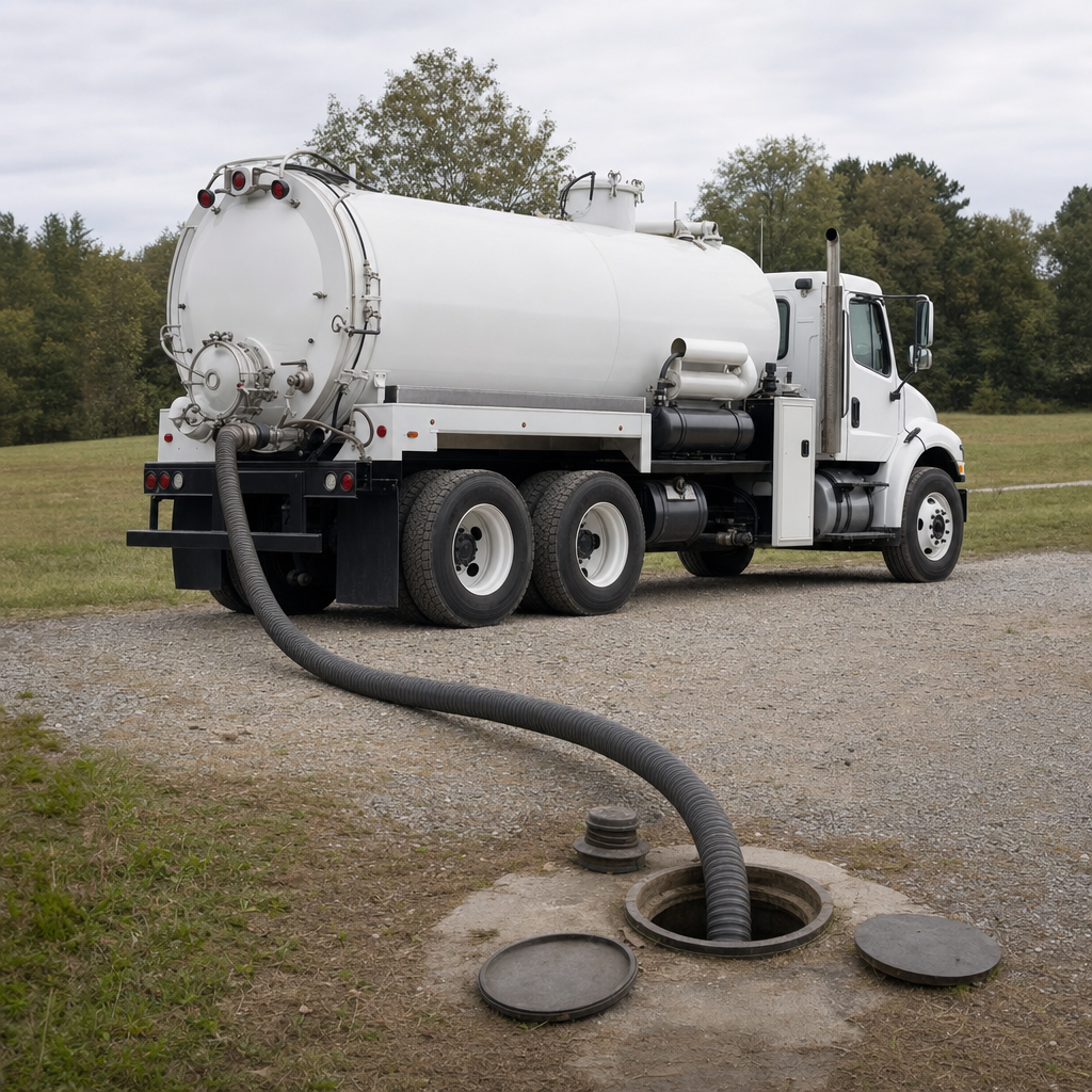 An unmarked white vacuum truck emptying a wastewater holding tank on a scheduled visit at a rural Washington-area property, thick suction hose running to the tank lid