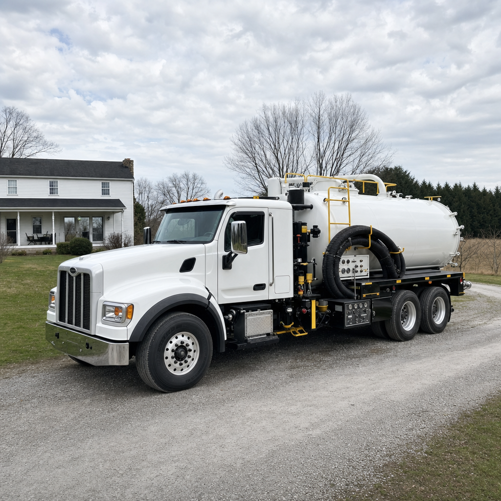 A clean white septic vacuum truck parked on a tidy Washington driveway with the suction hose neatly coiled