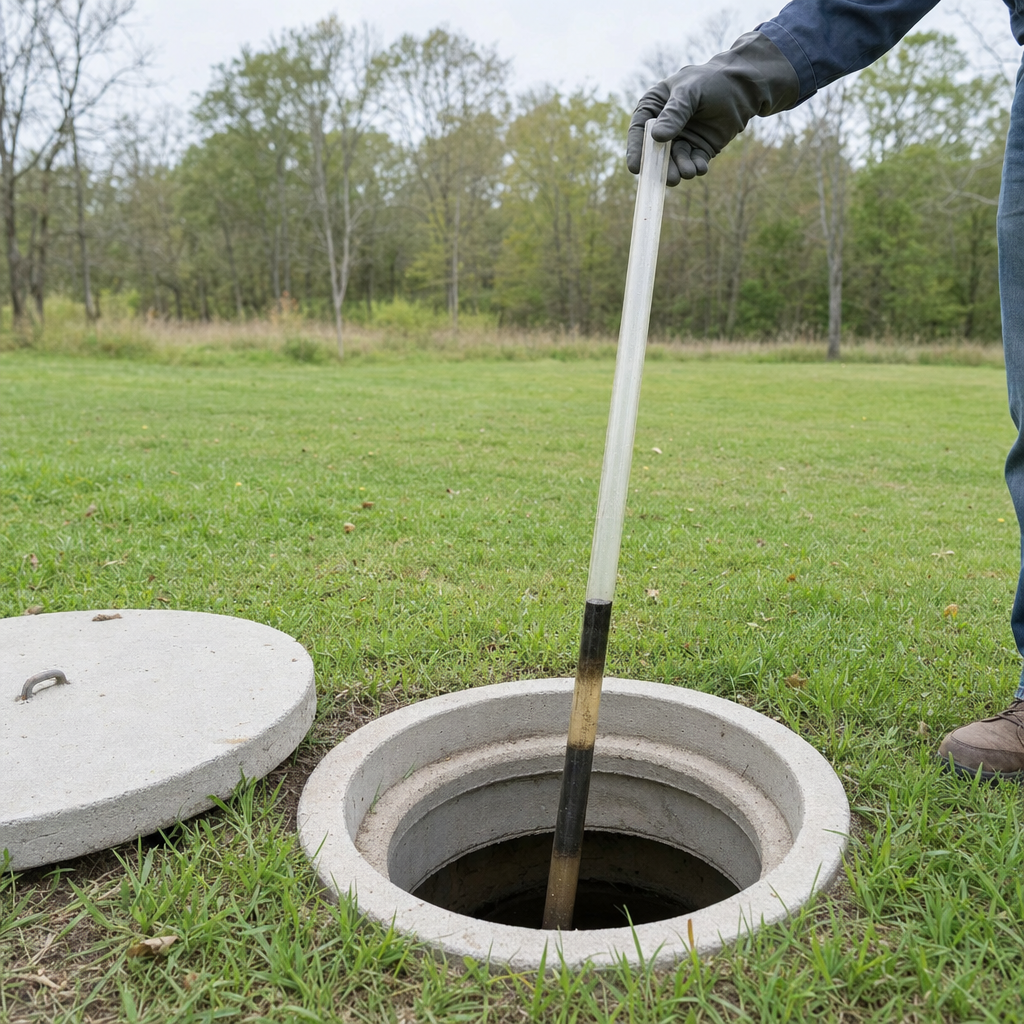 A septic sludge-judge measuring stick lowered into an open Washington septic tank to read the depth of the sludge and scum layers before deciding whether a pump-out is due