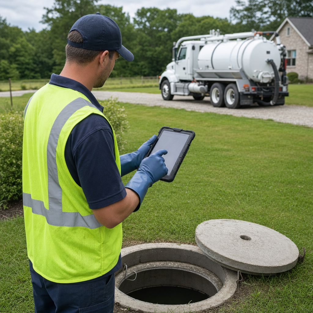 A septic technician recording a Washington home's pump-out date and tank condition on a tablet beside an open access lid, tracking the service history that sets the next due date