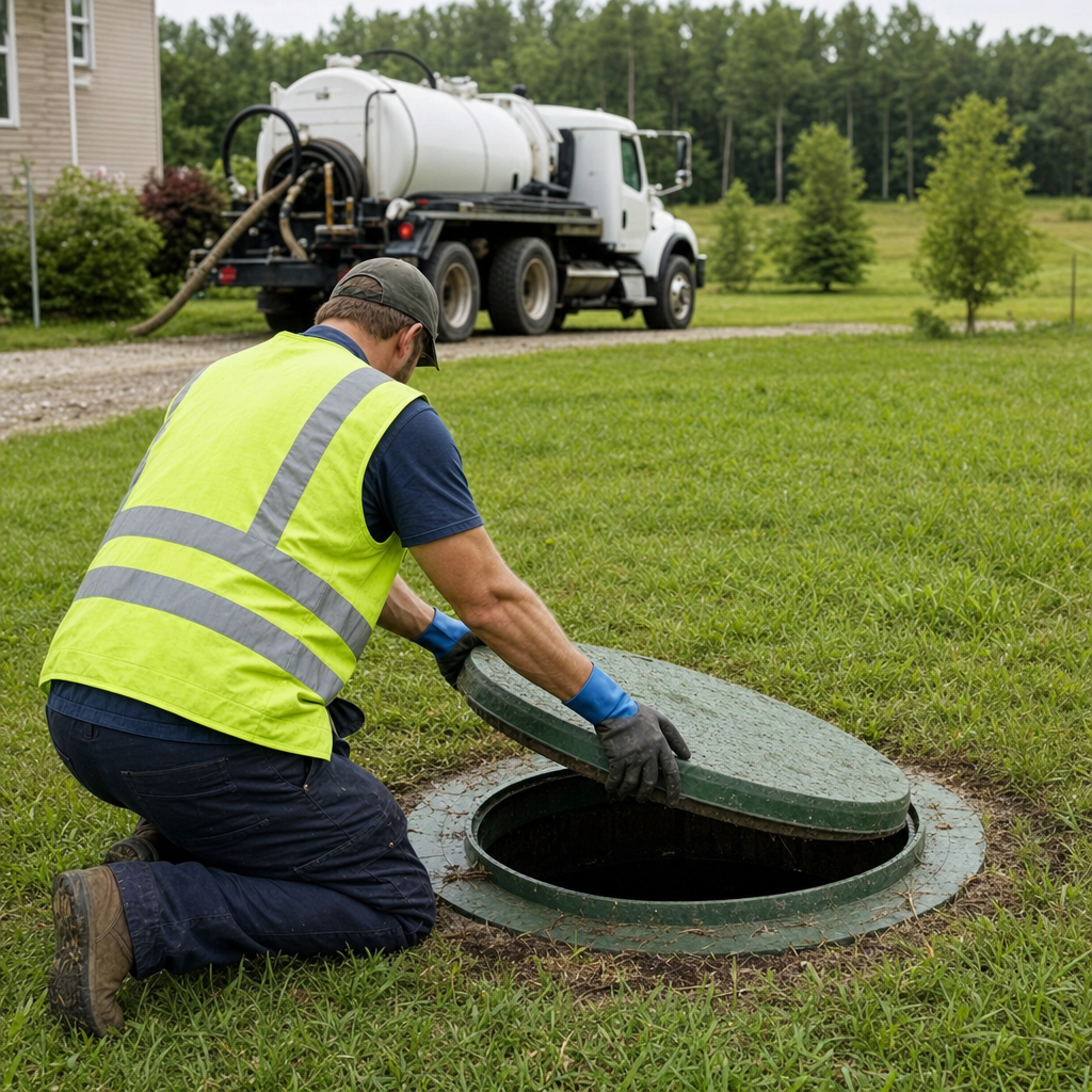 Septic technician kneeling on a Washington lawn, lifting the access lid on a residential septic tank