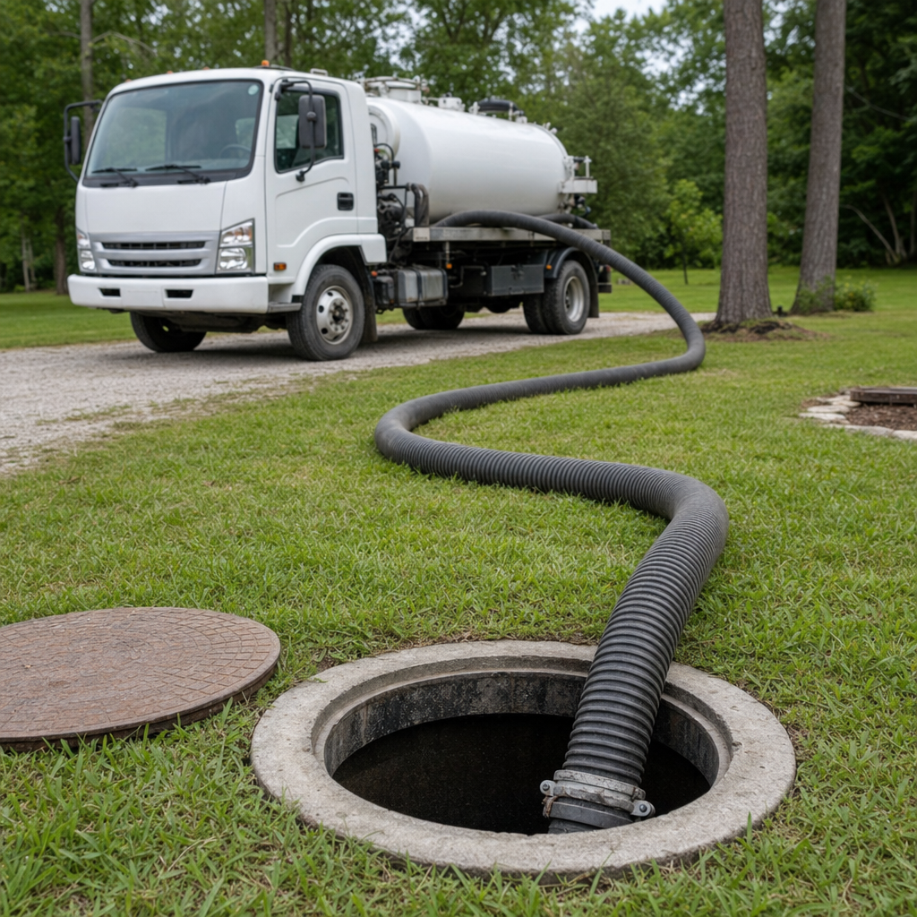 Thick ribbed suction hose lowered into a clean open septic tank port on a tidy Washington backyard lawn