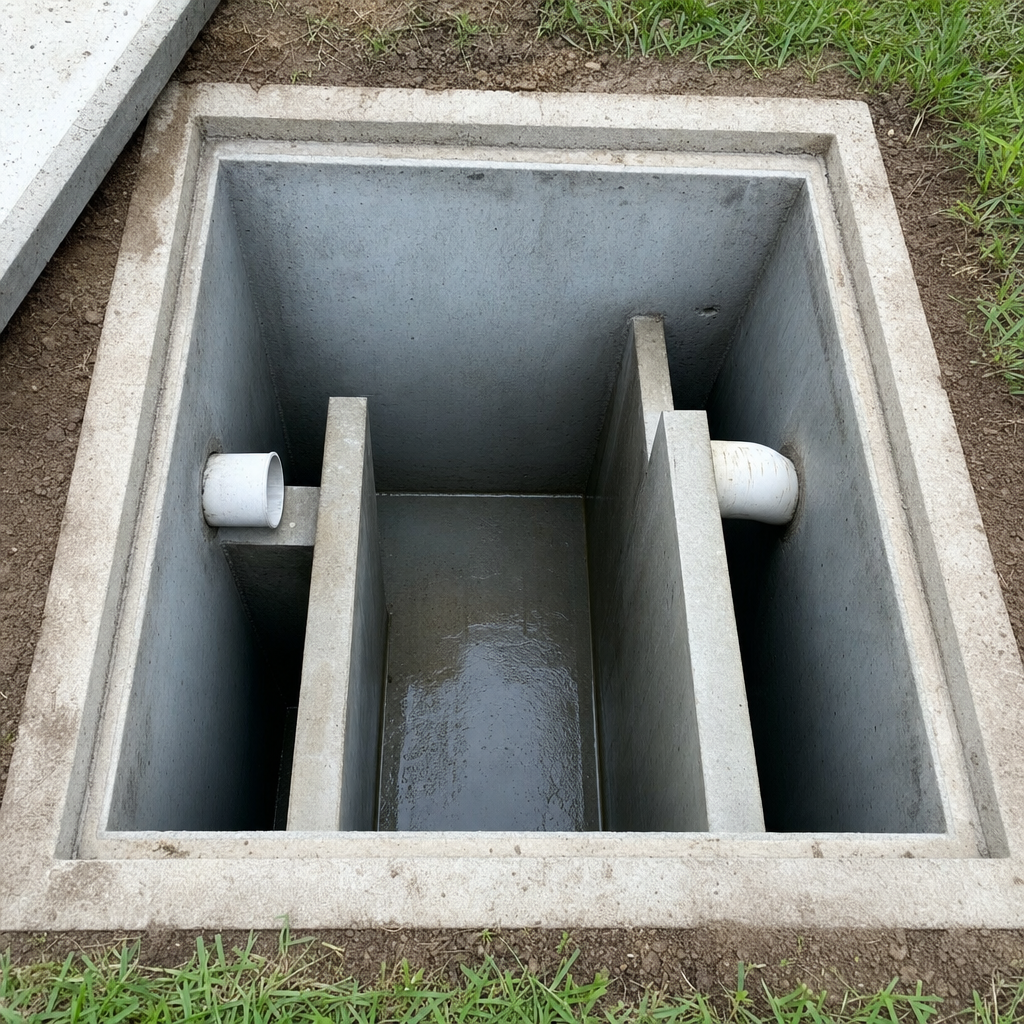 Inspection of the concrete baffles inside an open, emptied and freshly cleaned Washington septic tank