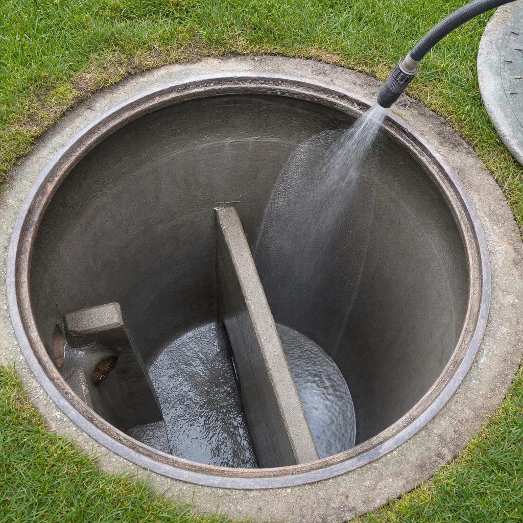 Interior concrete walls of an emptied Washington septic tank being rinsed clean with the truck's onboard water hose