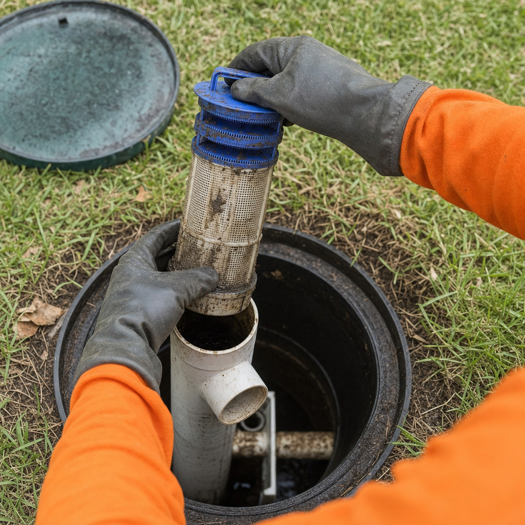 Septic technician's gloved hands lifting the effluent filter cartridge out of the outlet housing on a Washington septic tank