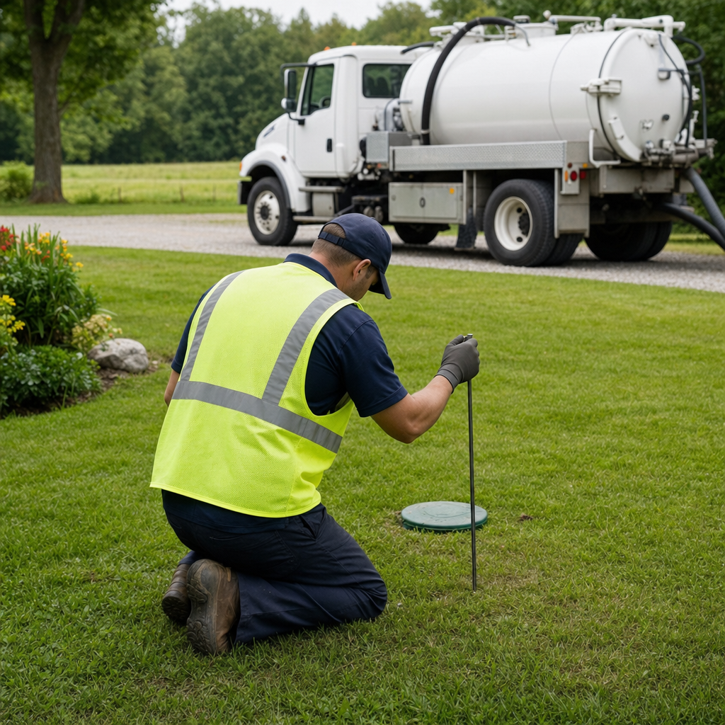 Septic technician kneeling on a Washington lawn, probing to locate and measure the depth of a buried septic tank lid before pumping