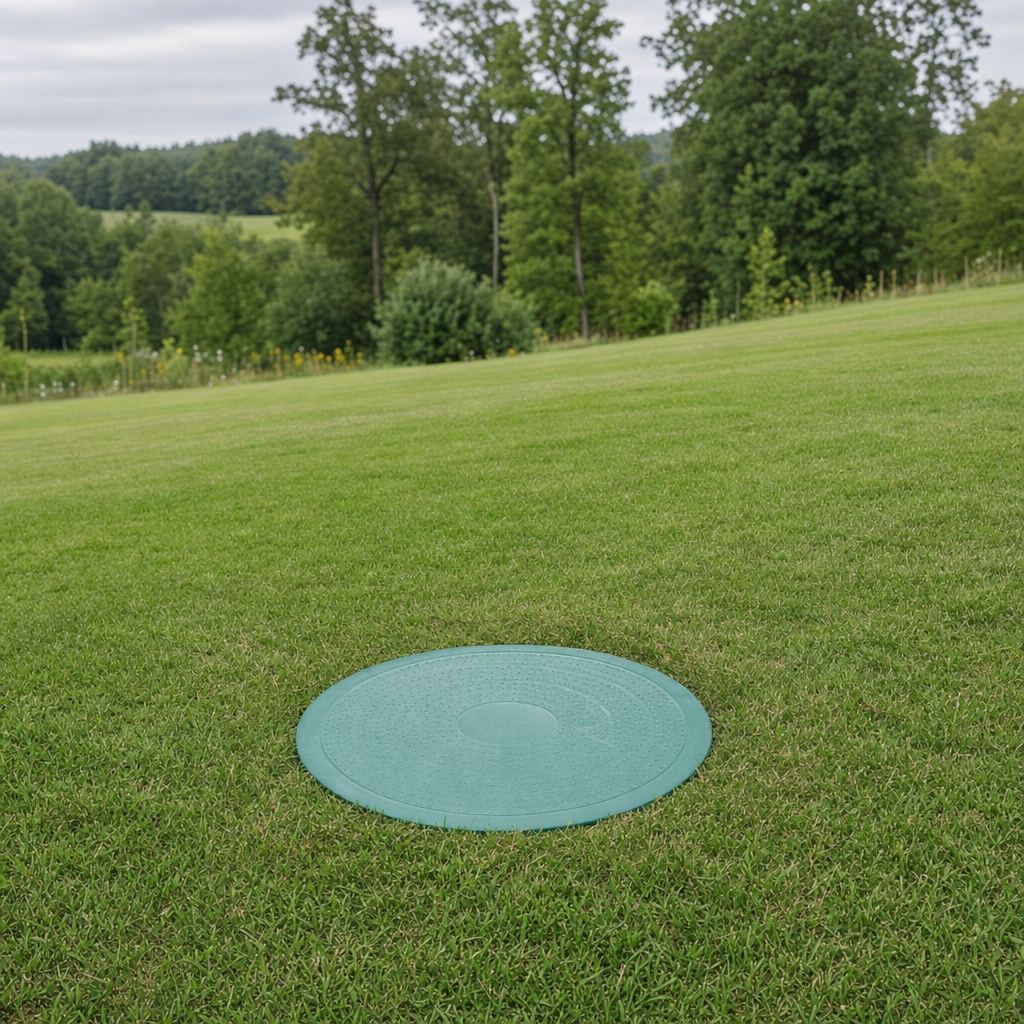 A newly installed septic riser bringing the tank lid up flush to grade in a Washington yard for easy future access
