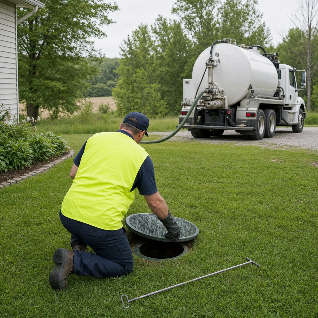 Septic technician kneeling on a Washington lawn, lifting the buried access lid on a residential septic tank