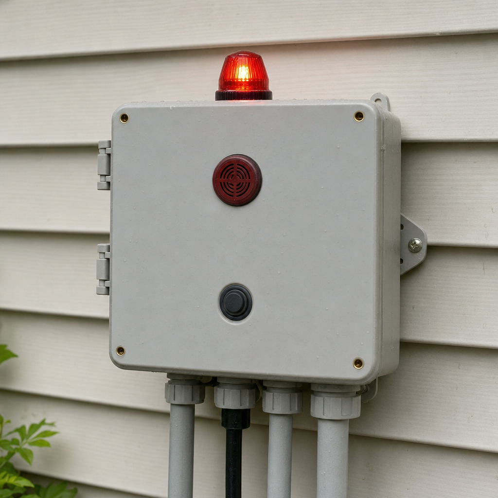 An aerobic septic system control panel mounted outside a Washington home with its red high-water alarm light lit