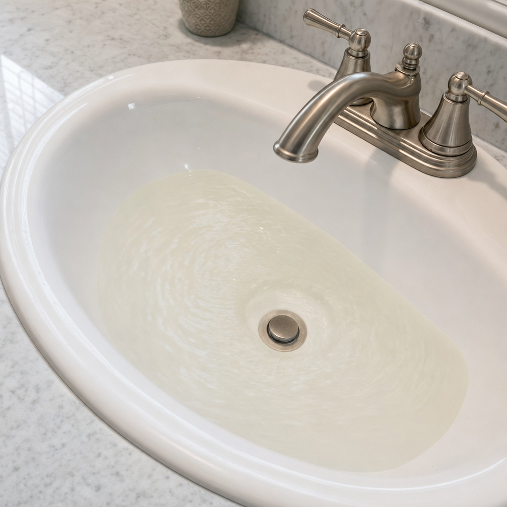 A bathroom sink draining slowly with water pooled in the basin, an early warning sign that a Washington septic tank is full